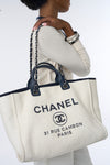 CHANEL medium Deauville handbag navy leather, canvas and silver hardware
